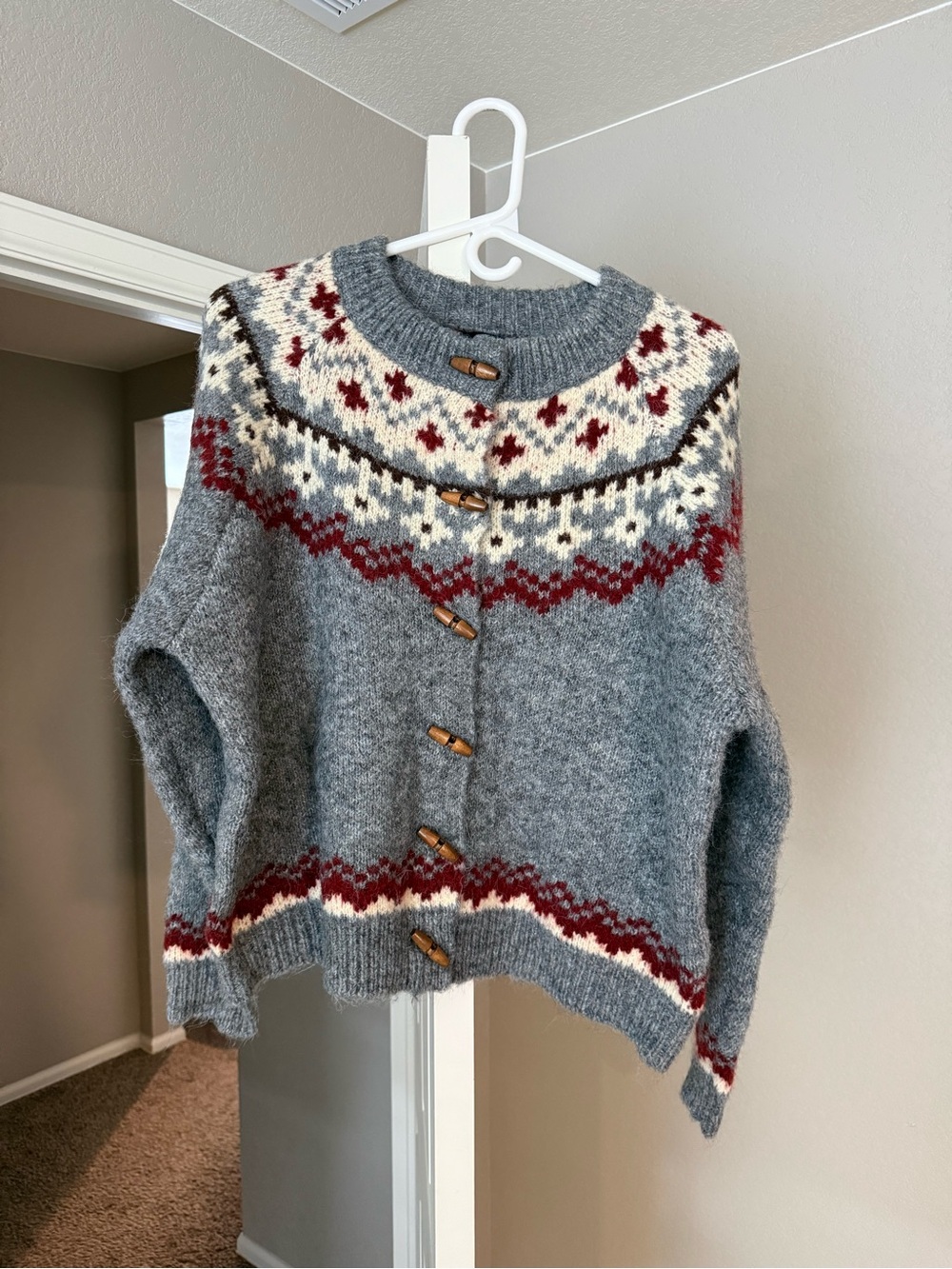 Lumiere Grey Fair Isle Wool Blend Cardigan with Red & Cream Accents